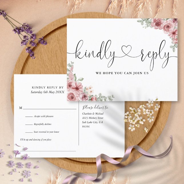 Dusty Rose Floral Heart Script Song Request RSVP Invitation Postcard (Dusty Rose Floral Heart Script Song Request RSVP Invitation Postcard)