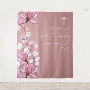 Dusty Rose Floral Holy Communion Photo Backdrop Tapestry