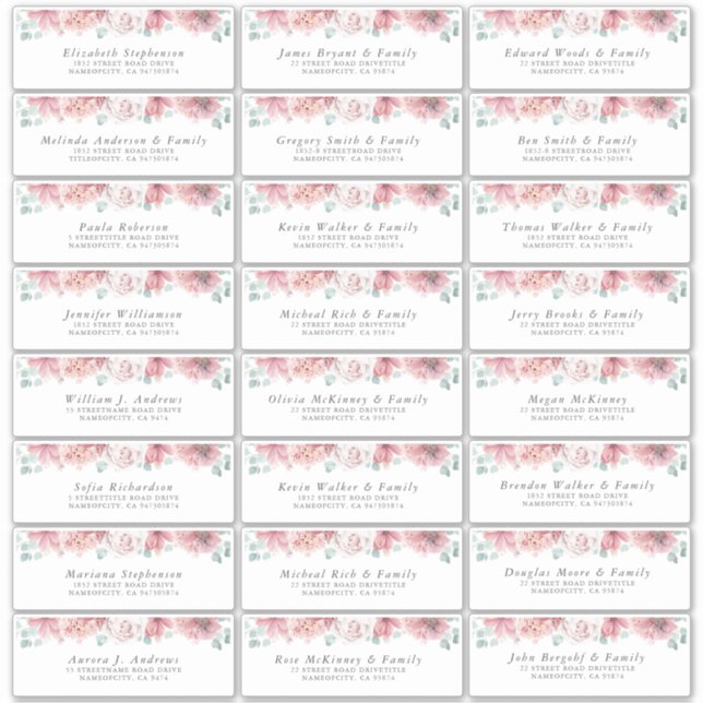 Dusty Rose Floral Individual Guest Address Labels (Front)