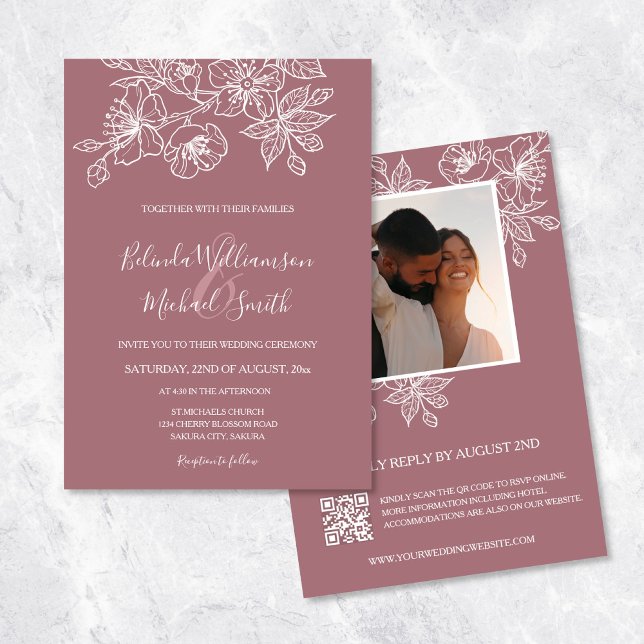 Dusty Rose  Floral Line Art | Photo | Wedding Invitation (Creator Uploaded)