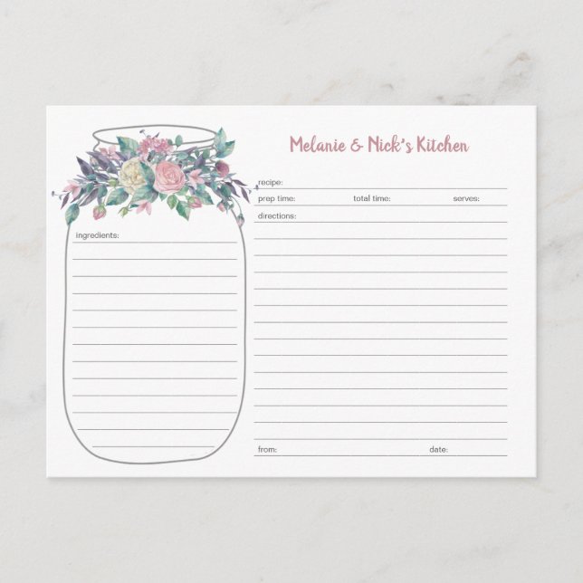 Dusty Rose Floral Mason Jar Recipe Cards (Front)