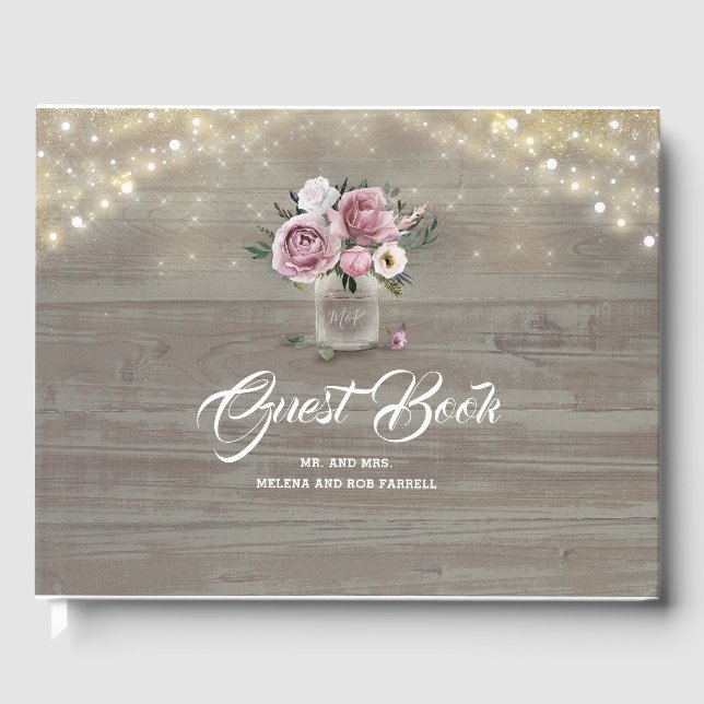 Dusty Rose Floral Mason Jar Rustic Country Wedding Guest Book (Front)