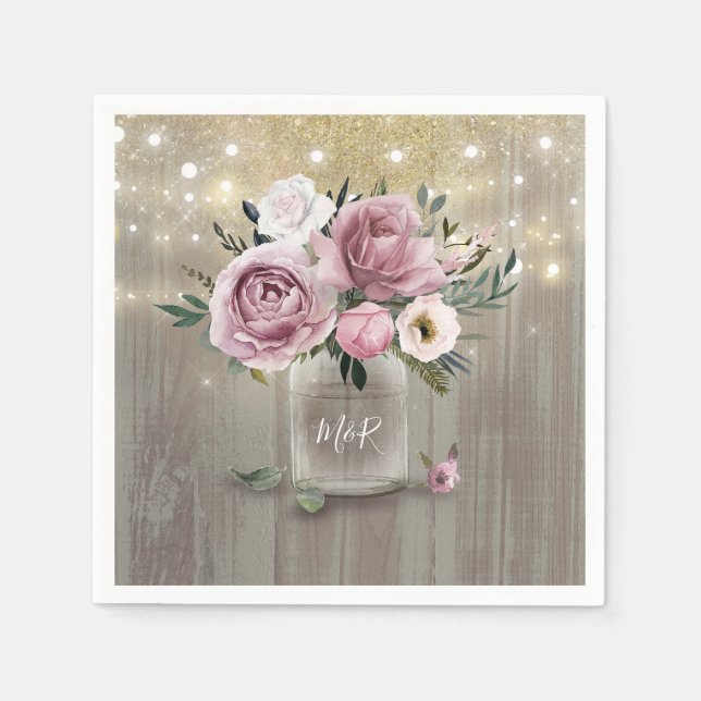 Dusty Rose Floral Mason Jar Rustic Country Wood Napkin (Front)