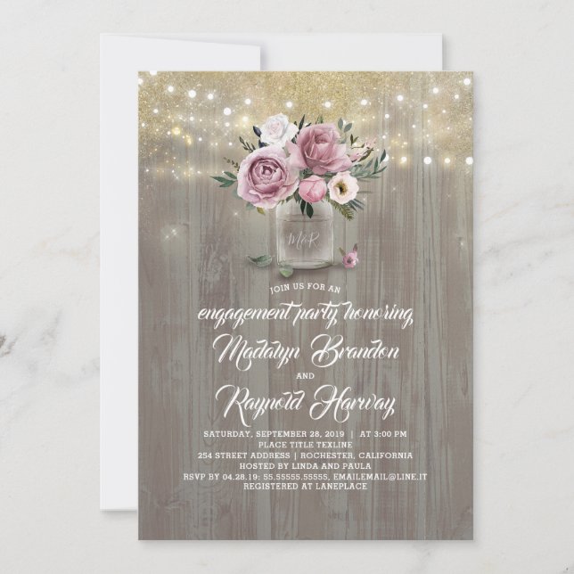 Dusty Rose Floral Mason Jar Rustic Engagement Invitation (Front)
