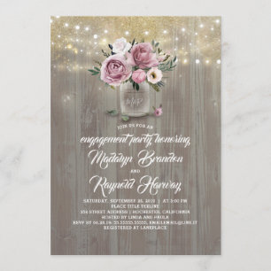 Dusty Rose Floral Mason Jar Rustic Engagement Invitation