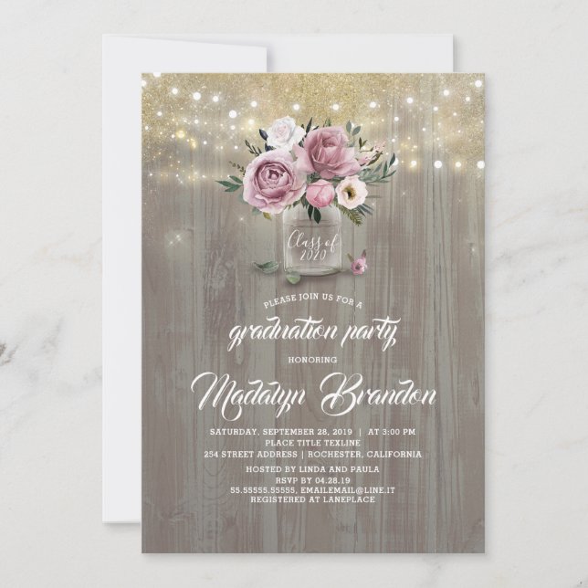 Dusty Rose Floral Mason Jar Rustic Graduation Invitation (Front)