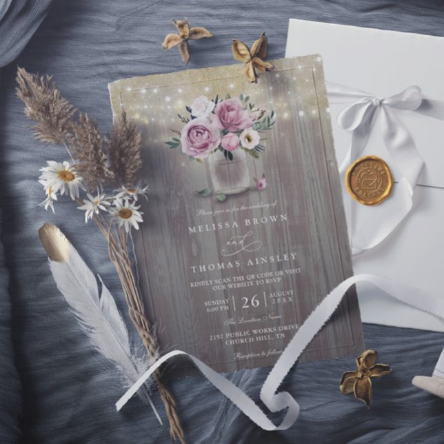 Dusty Rose Floral Mason Jar Rustic QR Code Wedding Invitation (Creator Uploaded)