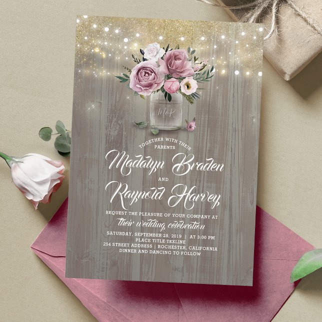 Dusty Rose Floral Mason Jar Rustic Wedding Invitation (Creator Uploaded)