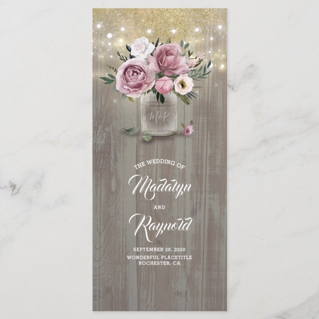 Dusty Rose Floral Mason Jar Rustic Wedding Program Programme (Front)