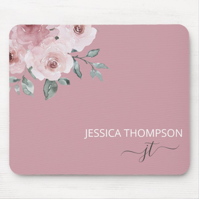 Dusty Rose Floral Modern Monogram Name  Mouse Mat (Front)