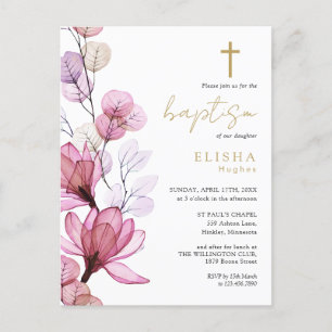 Dusty Rose Floral Monogram Baptism Invitation Postcard