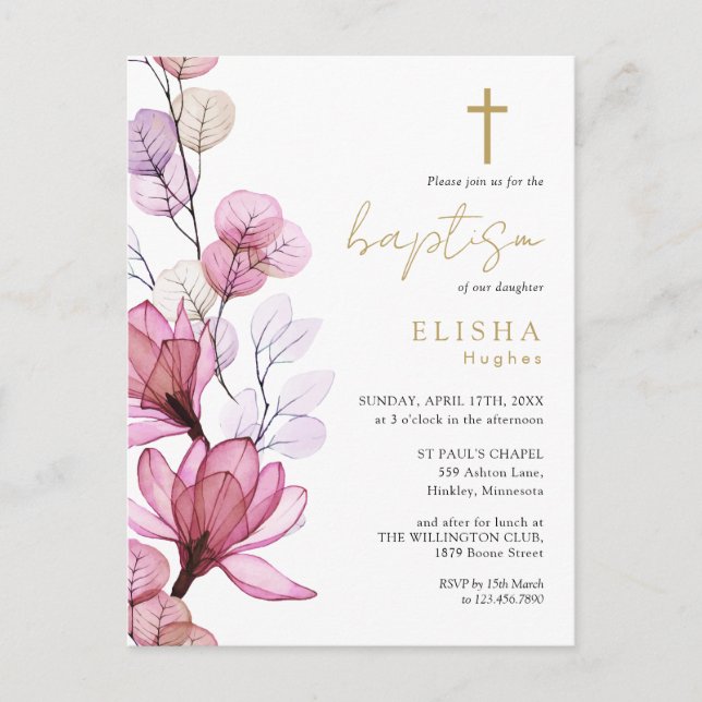 Dusty Rose Floral Monogram Baptism Invitation Postcard (Front)