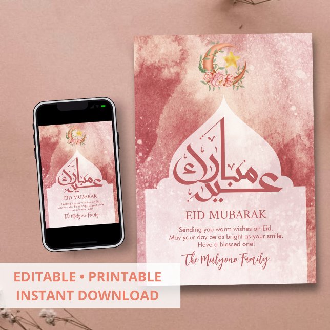 Dusty Rose Floral Moon Eid Mubarak Card (Creator Uploaded)