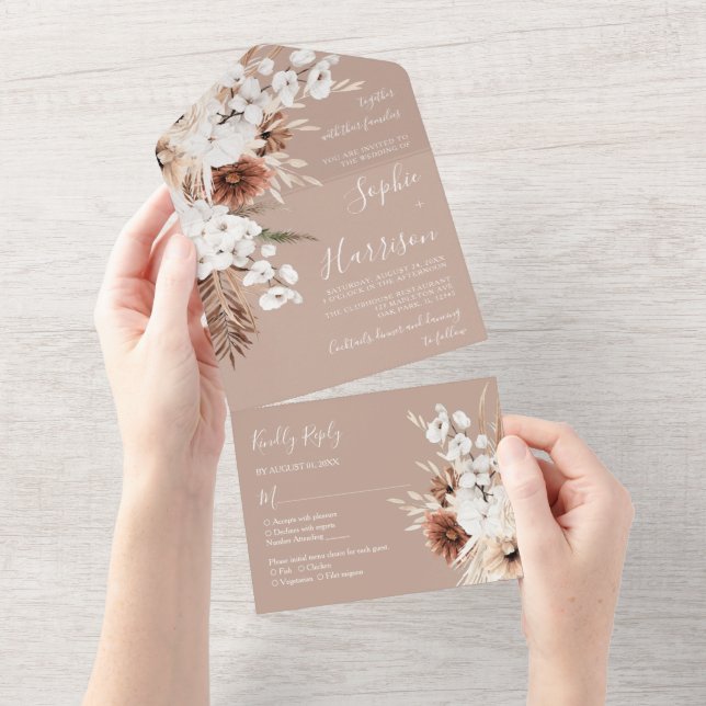 Dusty Rose Floral Orchid Mauve Beige Boho Wedding All In One Invitation (Tearaway)
