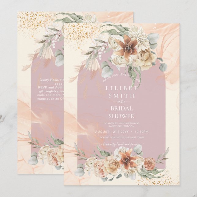 Dusty Rose Floral Pampas Grass Boho BRIDAL SHOWER (Front/Back)