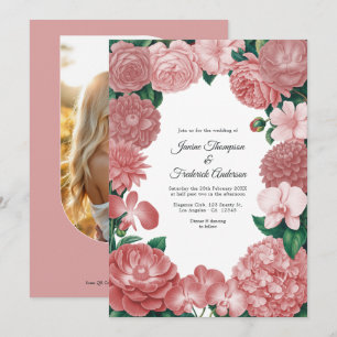Dusty Rose Floral Photo and QR Code Wedding Invitation