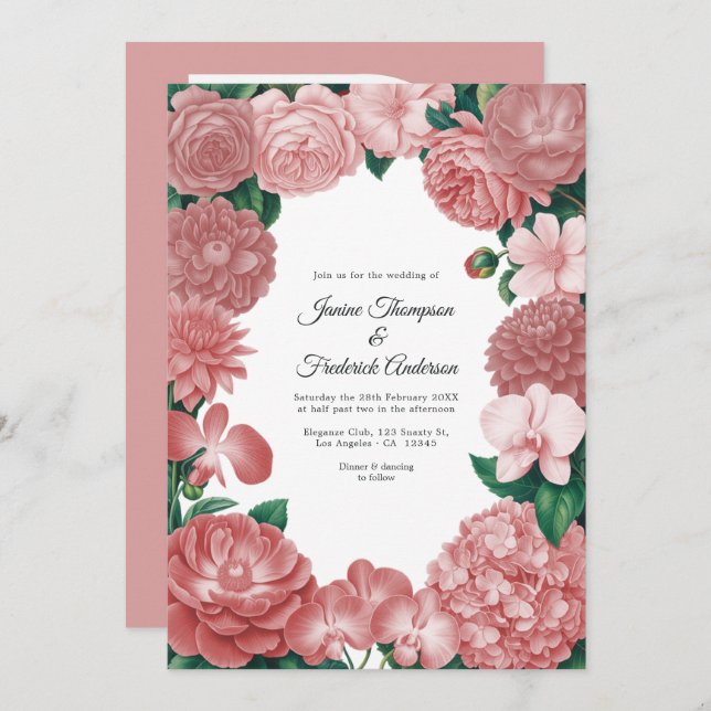 Dusty Rose Floral Photo and QR Code Wedding Invitation (Front/Back)