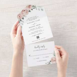 Dusty Rose Floral QR Code Elegant Wedding All In One Invitation