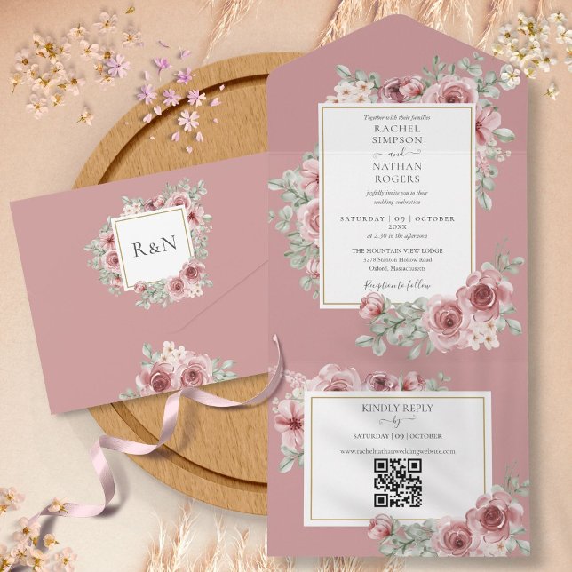 Dusty Rose Floral QR Code Wedding All In One Invitation (Dusty Rose Floral QR Code Wedding All In One Invitation)