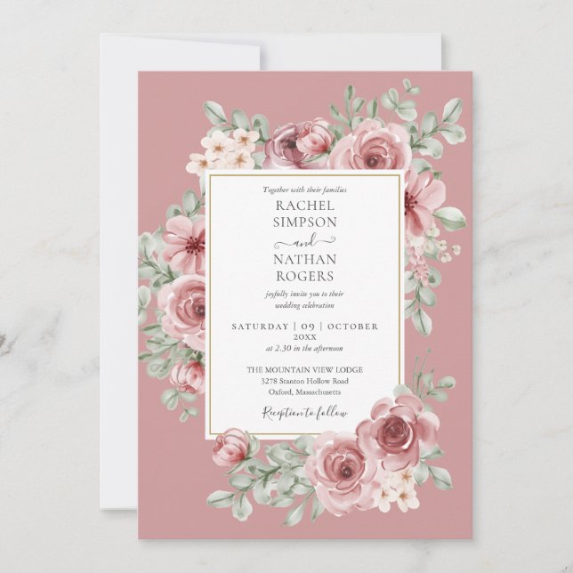 Dusty Rose Floral QR Code Wedding Invitation (Front)