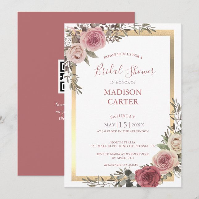 Dusty Rose Floral Rose Gold Bridal Shower Invitation (Front/Back)