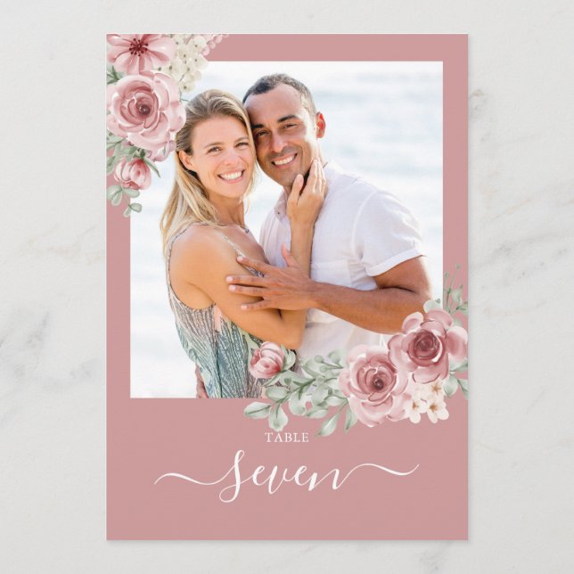Dusty Rose Floral Roses Photo Table Number (Back)