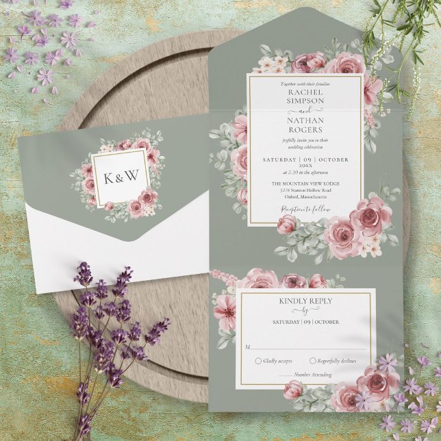 Dusty Rose Floral Sage Green Wedding All In One Invitation (Dusty Rose Floral Sage Green Wedding All In One Invitation)