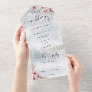 Dusty Rose Floral Script Hearts Winter Wedding All In One Invitation