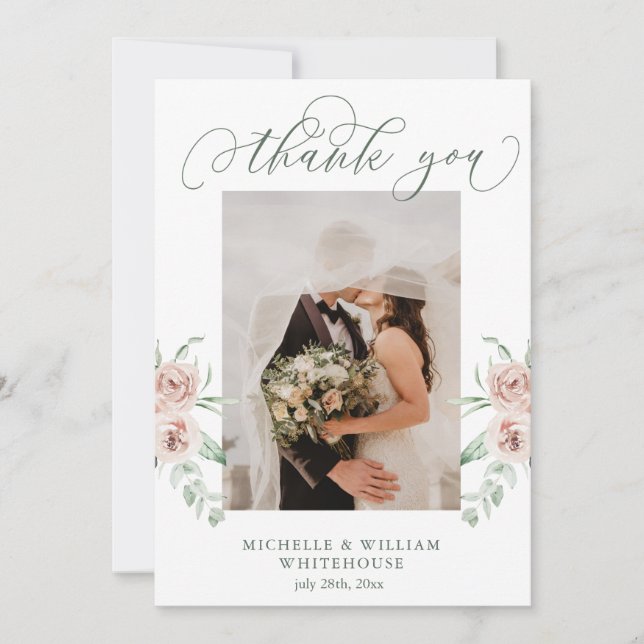 Dusty Rose Floral Script Photo Wedding Thank You  Card (Front)