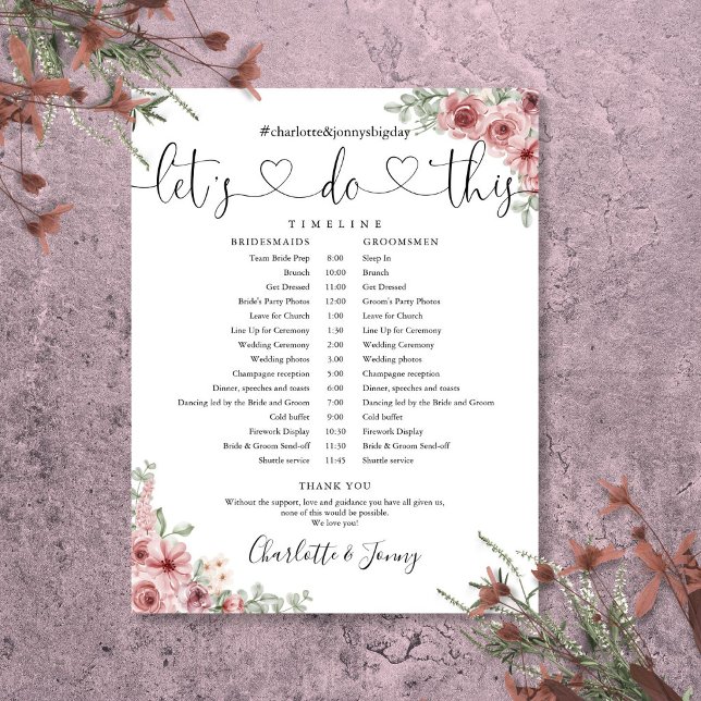Dusty Rose Floral Script Wedding Schedule Timeline (Dusty Rose Floral Script Wedding Schedule Timeline)