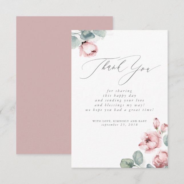 Dusty Rose Floral Small Baby Shower Thank You Card (Front/Back)