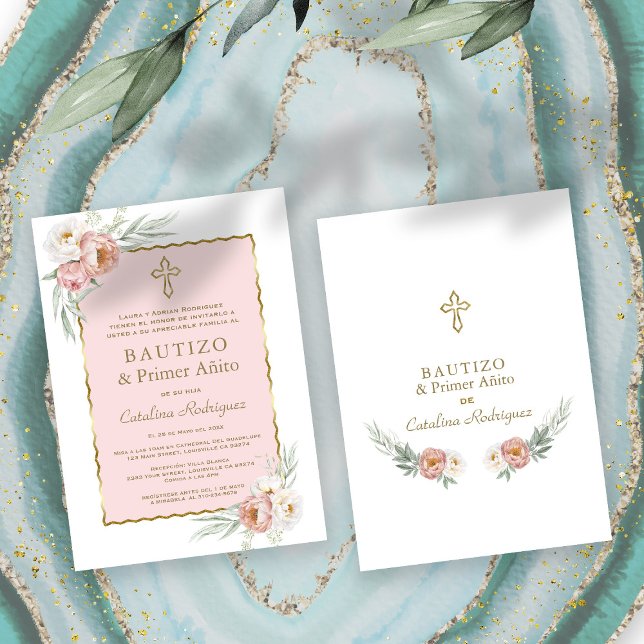 Dusty Rose Floral Spanish 1st Birthday & Baptism Invitation (bautizo primer añito invitation, trendy dusty rose flowers, elegant baptism birthday invitation)