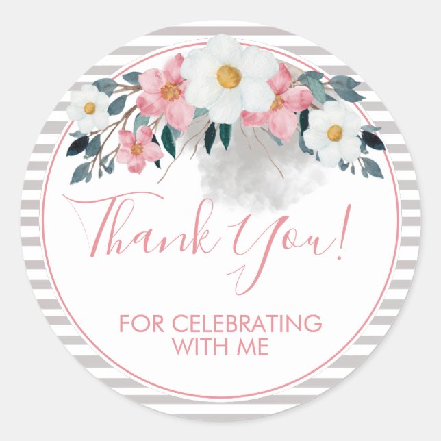 Dusty Rose Floral Thank You Classic Round Sticker (Front)