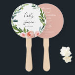 Dusty Rose Floral Wedding Hand Fans<br><div class="desc">Beautiful watercolor garden wreath in shades of blush pink and green,  back features solid dusty rose colour background and lines of text for a detailed list of the wedding party. Personalise text,  customise font style,  colour and size.  Designed to match our Timeless Floral Wedding Collection.</div>