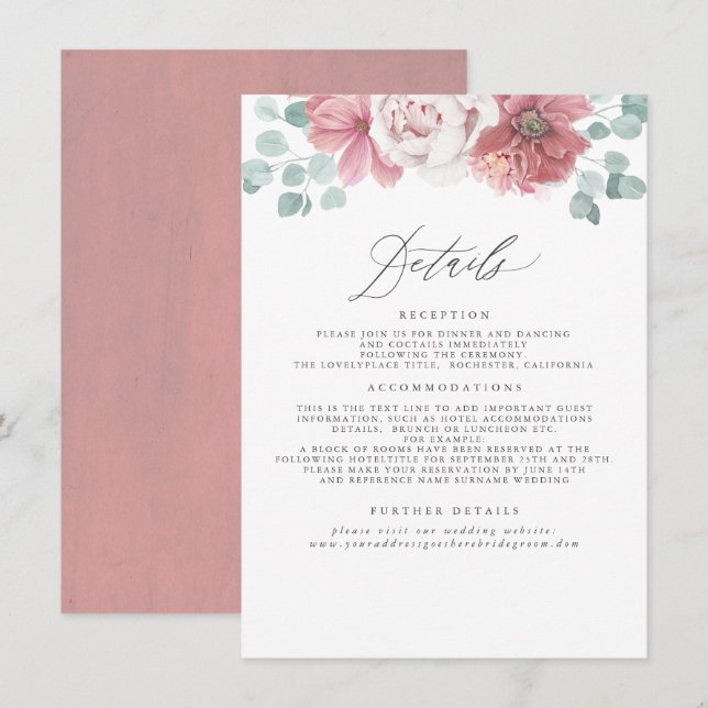 Dusty Rose Floral Wedding Information Enclosure Card (Front/Back)
