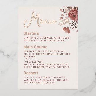 Dusty Rose Floral Wedding Menu Gold Foil Menu