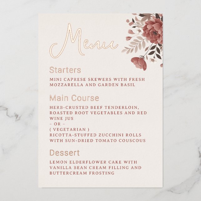 Dusty Rose Floral Wedding Menu Gold Foil Menu (Front)