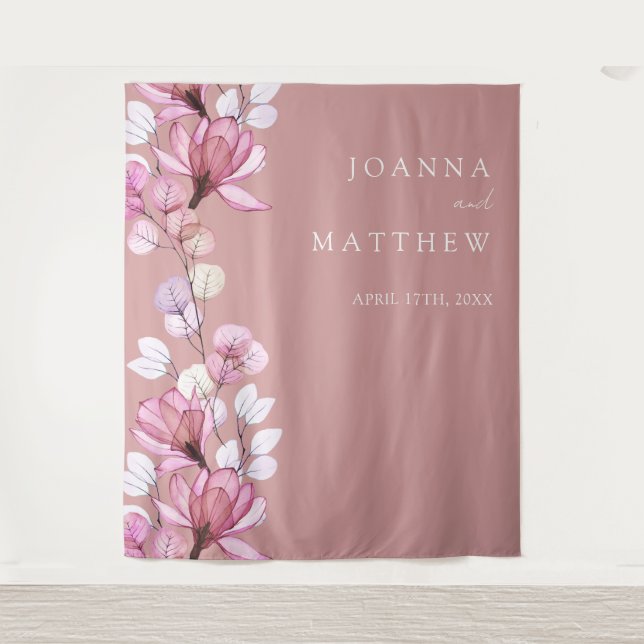 Dusty Rose Floral Wedding Photo Booth Backdrop Tapestry (Front)