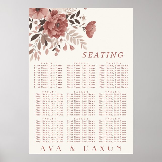 Dusty Rose Floral Wedding Seating Chart Poster (Front)