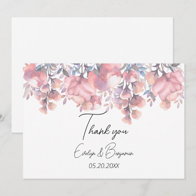 Dusty rose floral wedding   thank you card (Front/Back)