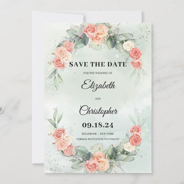 Dusty Rose Floral Wreath Eucalyptus Greenery Save The Date (Front)