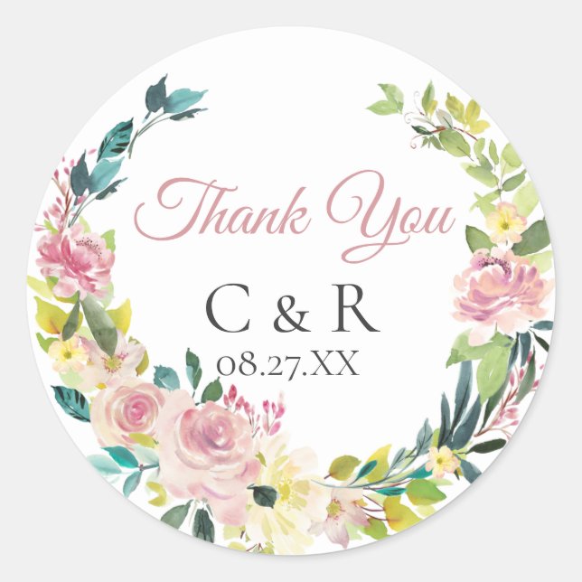 Dusty Rose Floral Wreath Personalised Wedding Classic Round Sticker (Front)