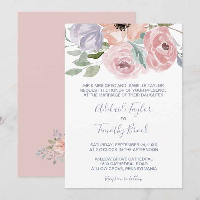 Dusty Rose Florals Formal Wedding Invitation (Front/Back)