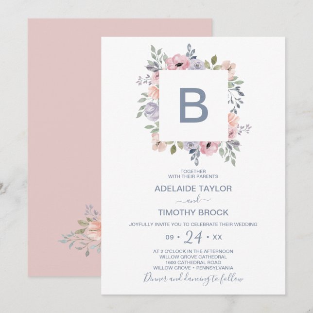 Dusty Rose Florals Monogram Wedding Invitation (Front/Back)