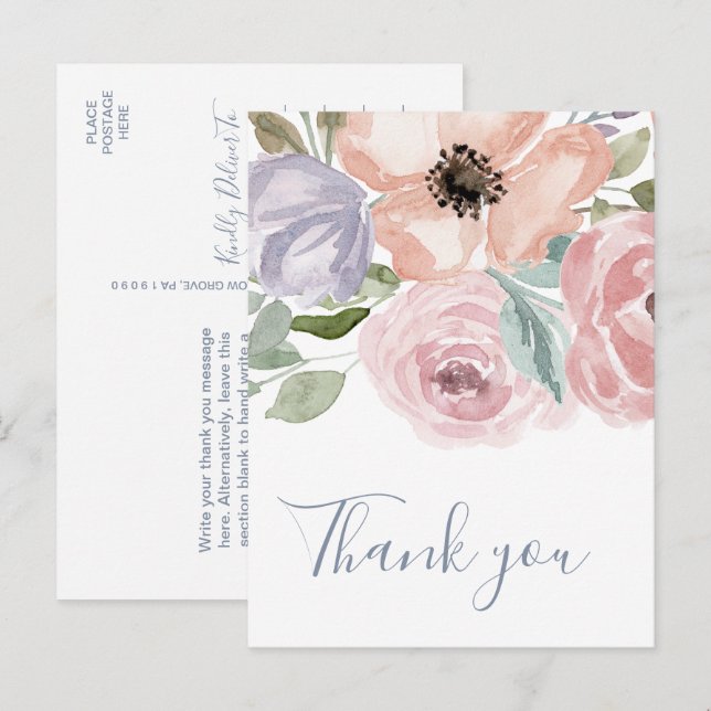 Dusty Rose Florals Thank You Postcard (Front/Back)