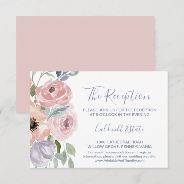Dusty Rose Florals Wedding Reception Card (Front/Back)