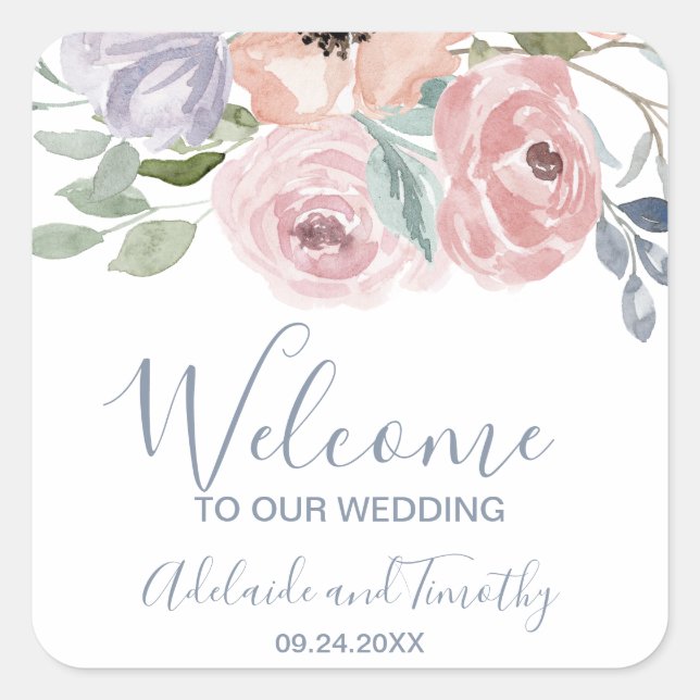 Dusty Rose Florals Wedding Welcome Square Sticker (Front)