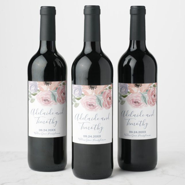 Dusty Rose Florals Wedding Wine Label (Bottles)