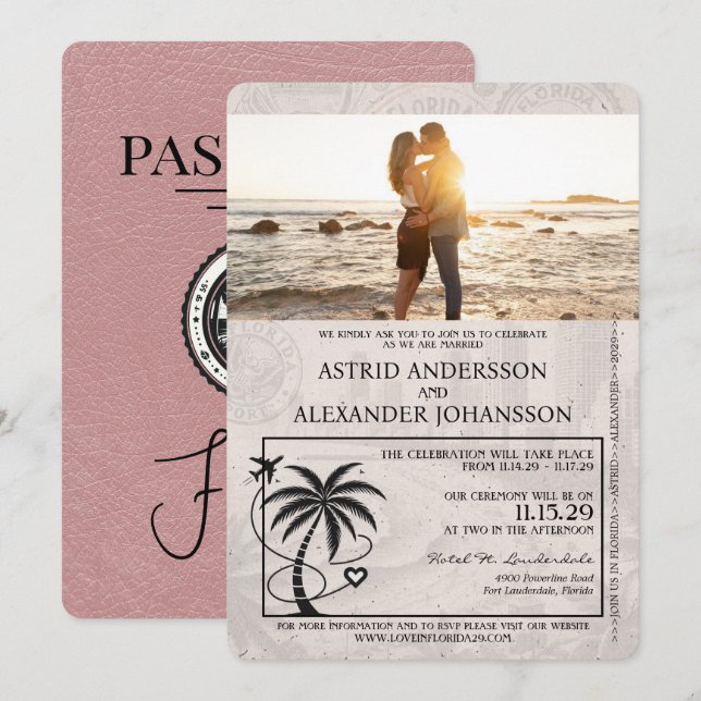 Dusty Rose Florida Passport Wedding Invitation (Front/Back)