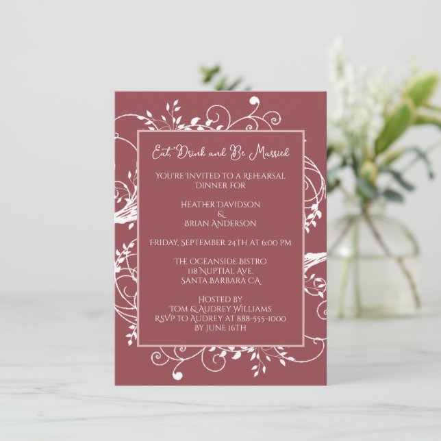 Dusty Rose Flourish Rehearsal Dinner Invitation (Standing Front)